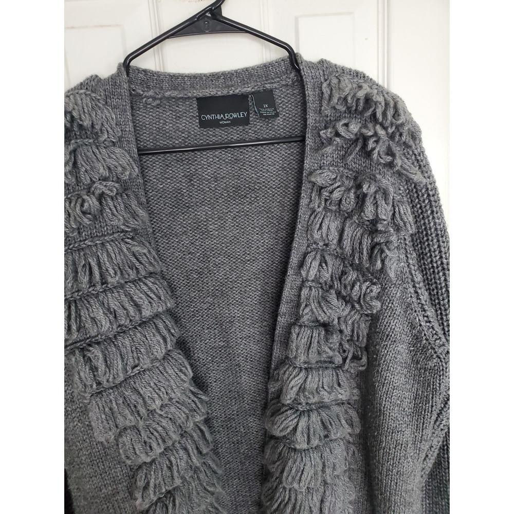 Cynthia Rowley Gray Shag Trim Wool Blend Open Front Knit Cardigan Sweater 2X